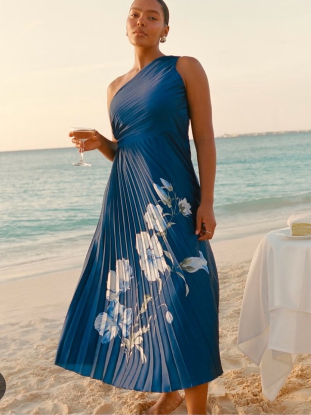 Abercrombie & Fitch One-Shoulder Navy Blue Pleated Floral Midi Dress